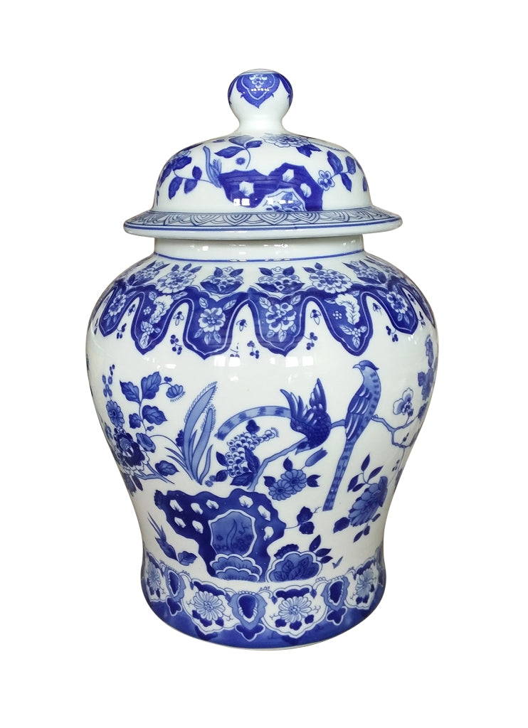 Blue and White Temple Jar with Bird and Floral Motif (SKU:53AC39)