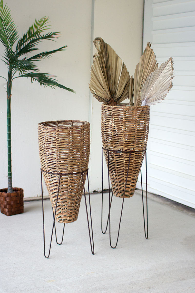 Seagrass Cone Planters with Iron Stands  (Set of 2) (SKU: 34AC39)