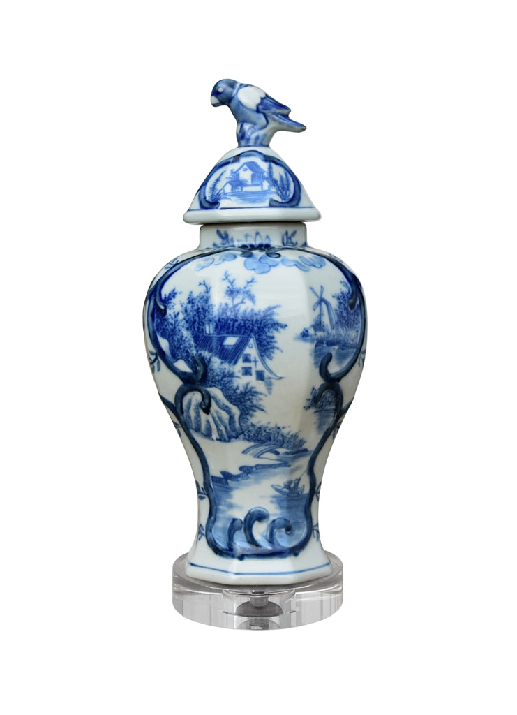 Blue and White Temple Jar with Bird Top (SKU:53AC36)