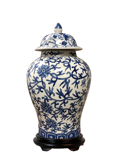 Blue and White Temple Jar with FLoral Pattern (SKU:53AC37)
